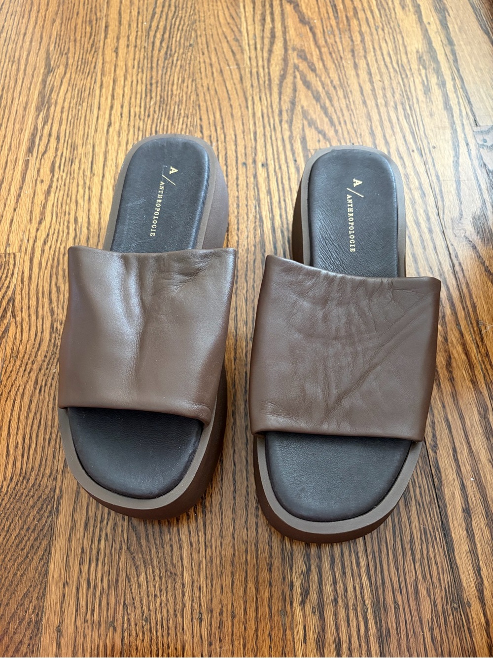 Anthropologie Dark Brown Leather Slide Sandals with Black Footbed